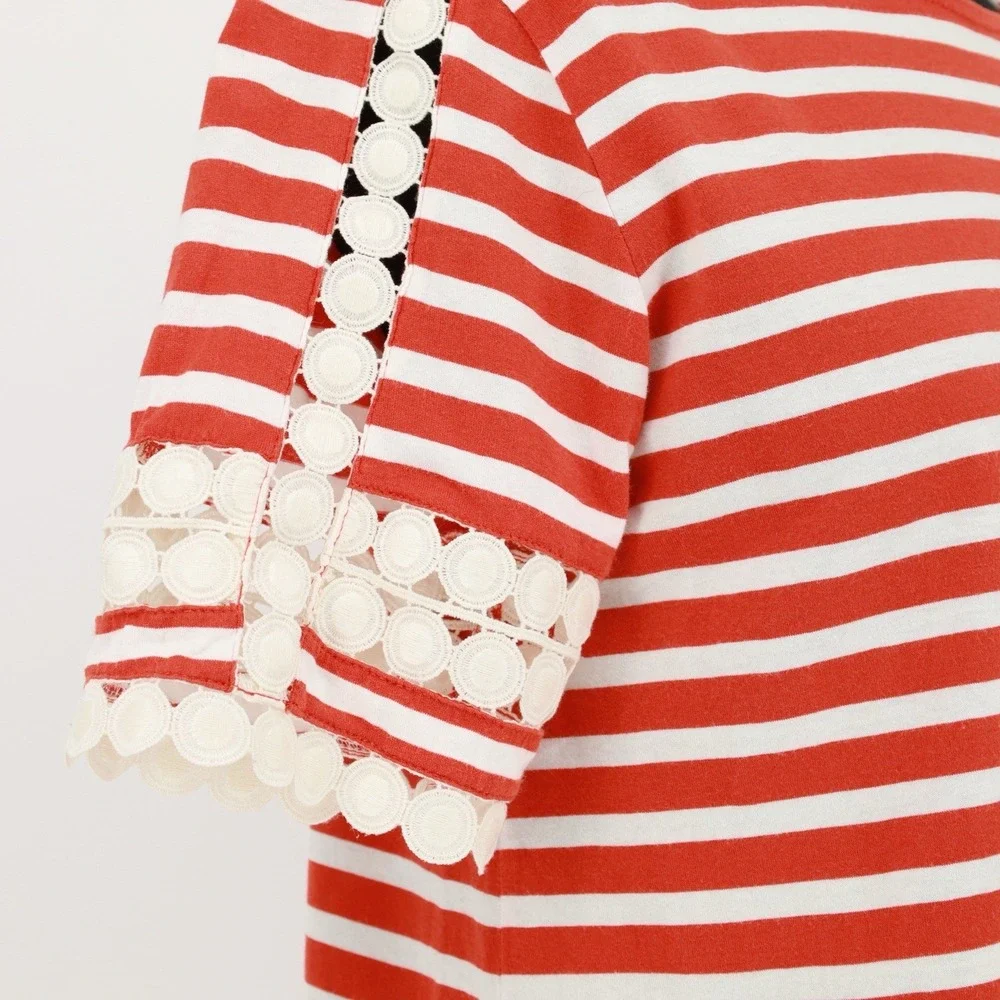 J. Crew Red White Stripe Lace Short Sleeve Crewneck Pullover Cotton Top F7534 XS